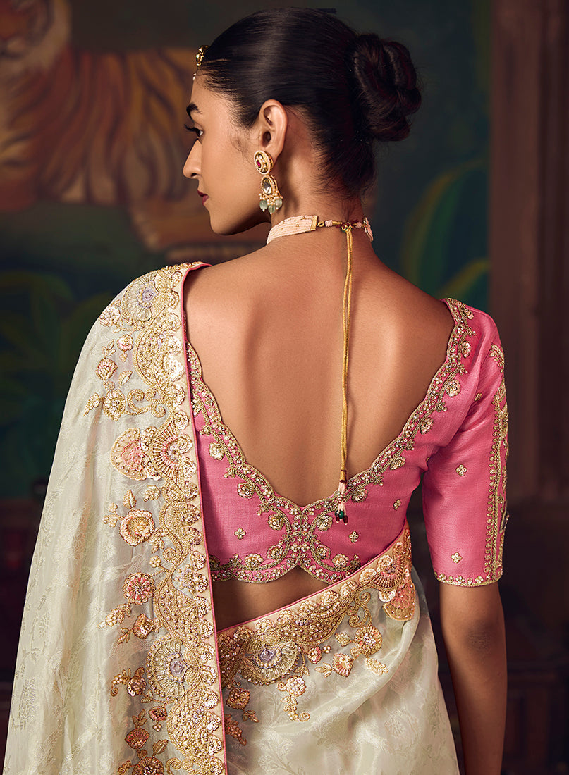 Monjolika Fashion Off White Zari Woven Silk Blend Embroidered Saree For Wedding Wear - Distacart