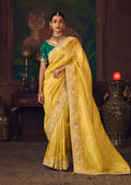 Monjolika Fashion Yellow Zari Woven Silk Blend Embroidered Saree For Wedding Wear - Distacart
