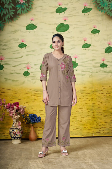 Pramukh Fab Brown Color Rayon Co-ords Set