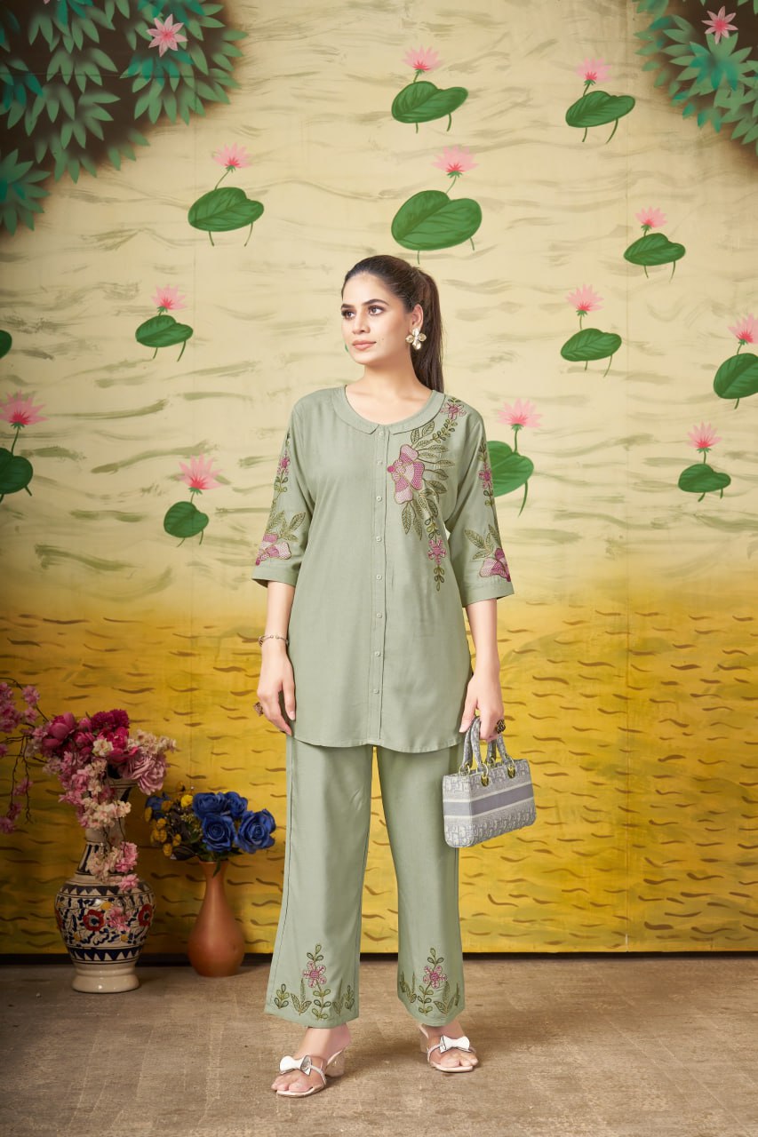 Pramukh Fab Olive Color Rayon Co-ords Set - Distacart