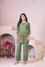 Pramukh Fab Olive Color Rayon Co-ords Set - Distacart