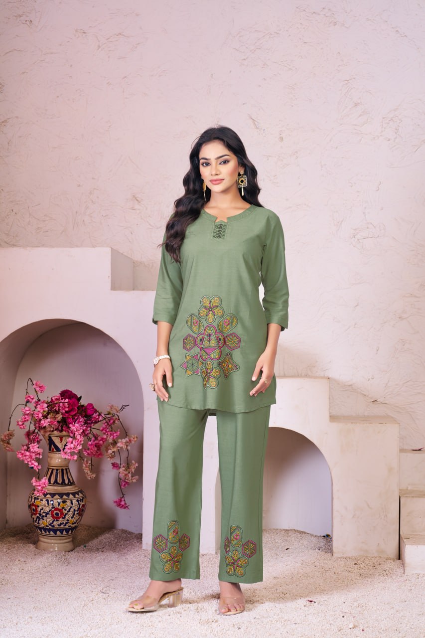 Pramukh Fab Olive Color Rayon Co-ords Set - Distacart