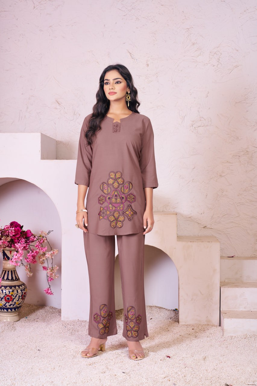 Pramukh Fab Coffee Color Rayon Co-ords Set - Distacart