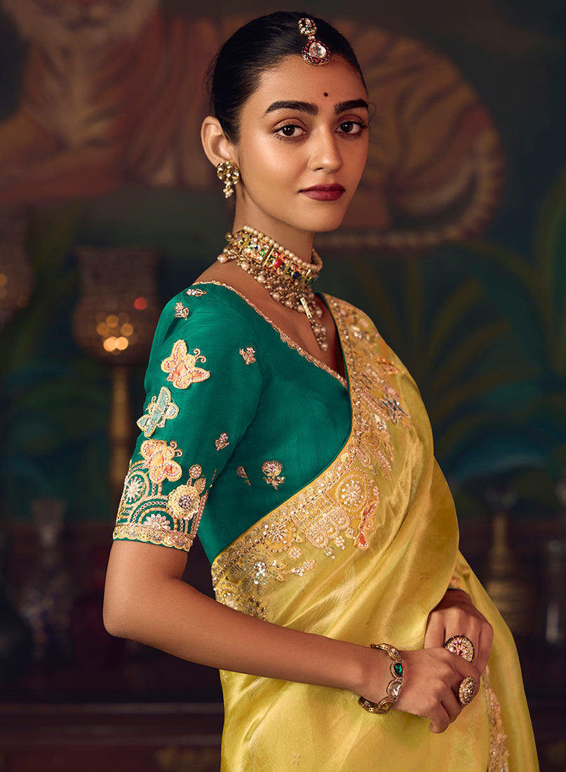 Monjolika Fashion Yellow Zari Woven Silk Blend Embroidered Saree For Wedding Wear - Distacart