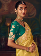Monjolika Fashion Yellow Zari Woven Silk Blend Embroidered Saree For Wedding Wear - Distacart