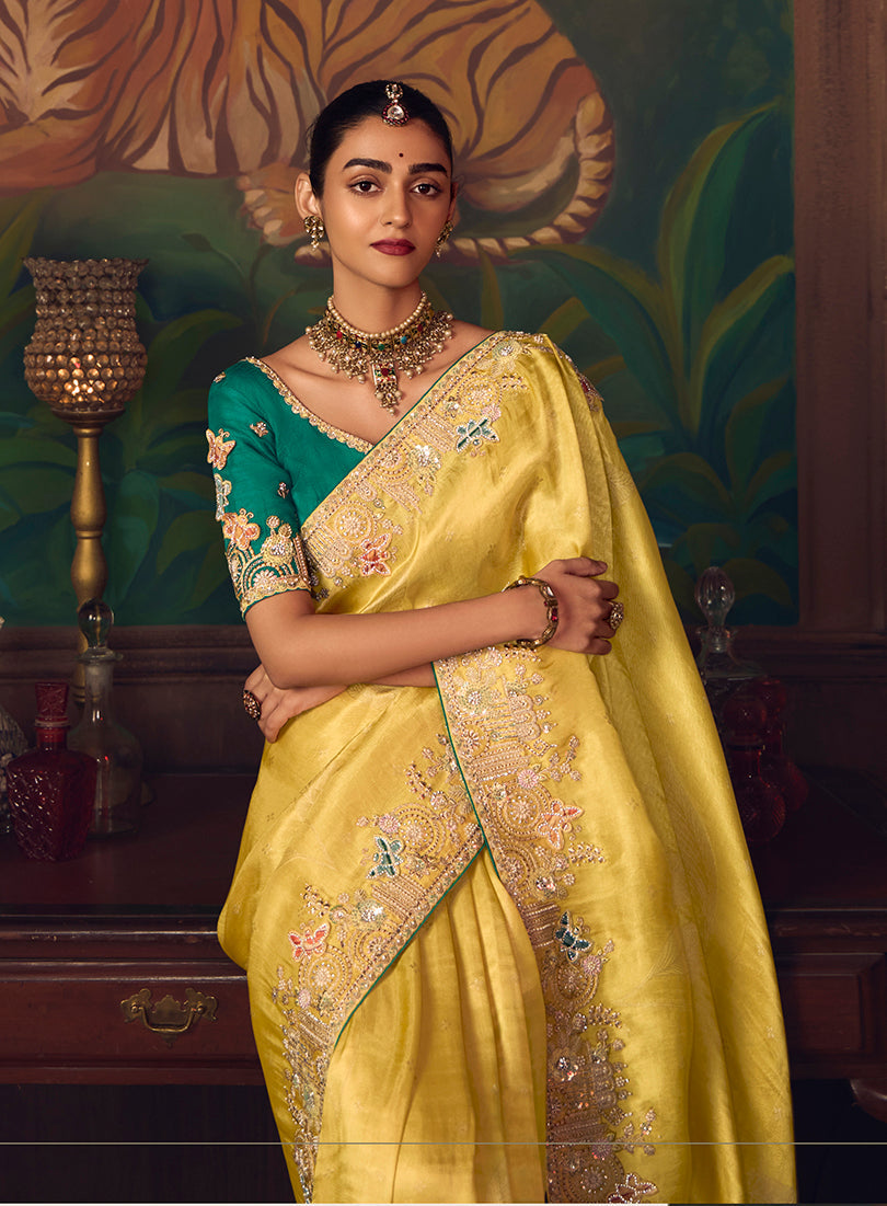 Monjolika Fashion Yellow Zari Woven Silk Blend Embroidered Saree For Wedding Wear - Distacart