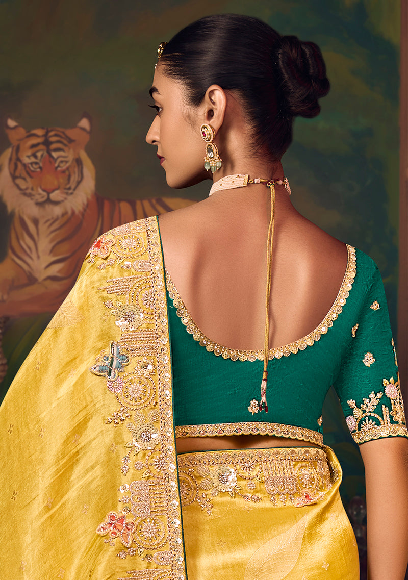 Monjolika Fashion Yellow Zari Woven Silk Blend Embroidered Saree For Wedding Wear - Distacart