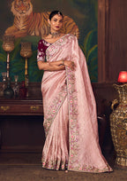 Monjolika Fashion Light Pink Zari Woven Silk Blend Embroidered Saree For Wedding Wear - Distacart