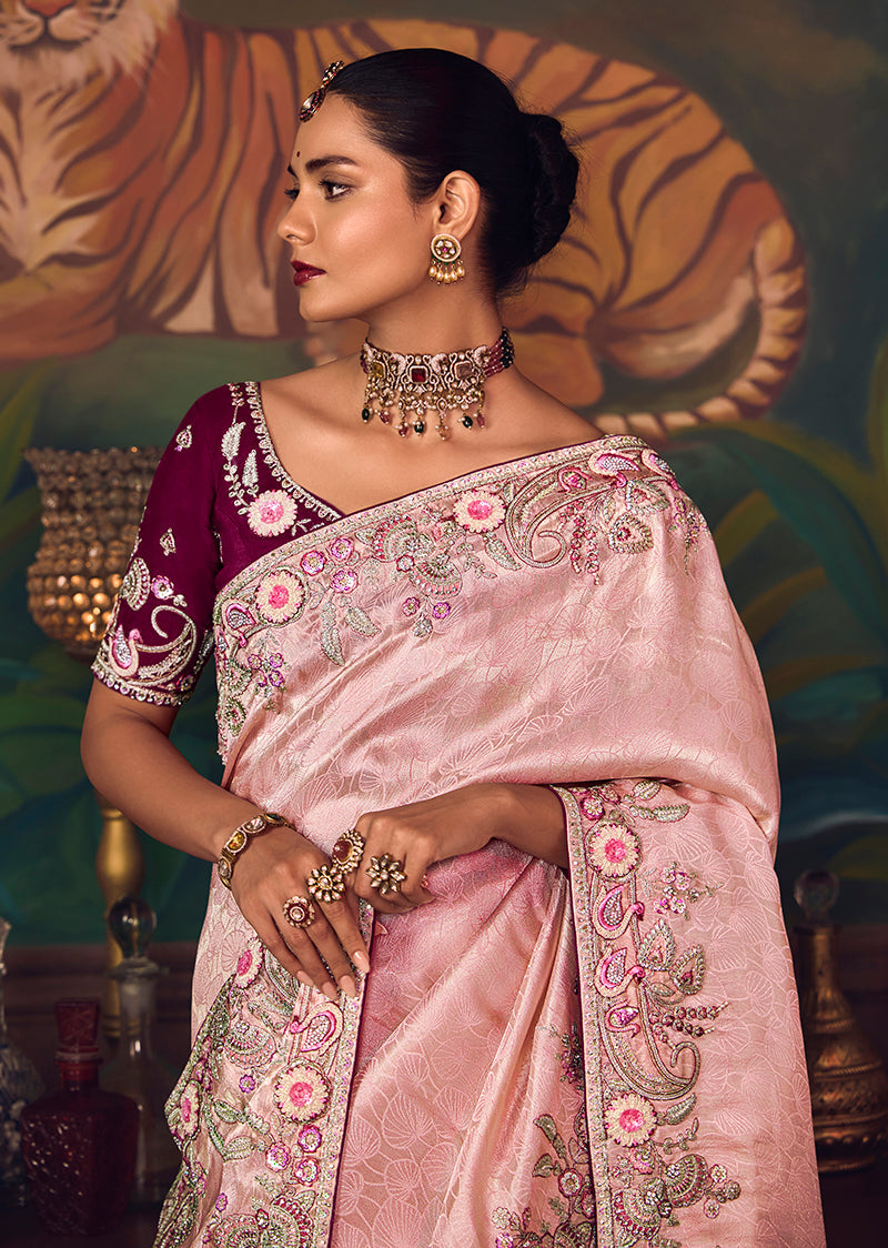 Monjolika Fashion Light Pink Zari Woven Silk Blend Embroidered Saree For Wedding Wear - Distacart