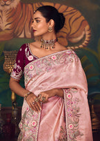 Monjolika Fashion Light Pink Zari Woven Silk Blend Embroidered Saree For Wedding Wear - Distacart