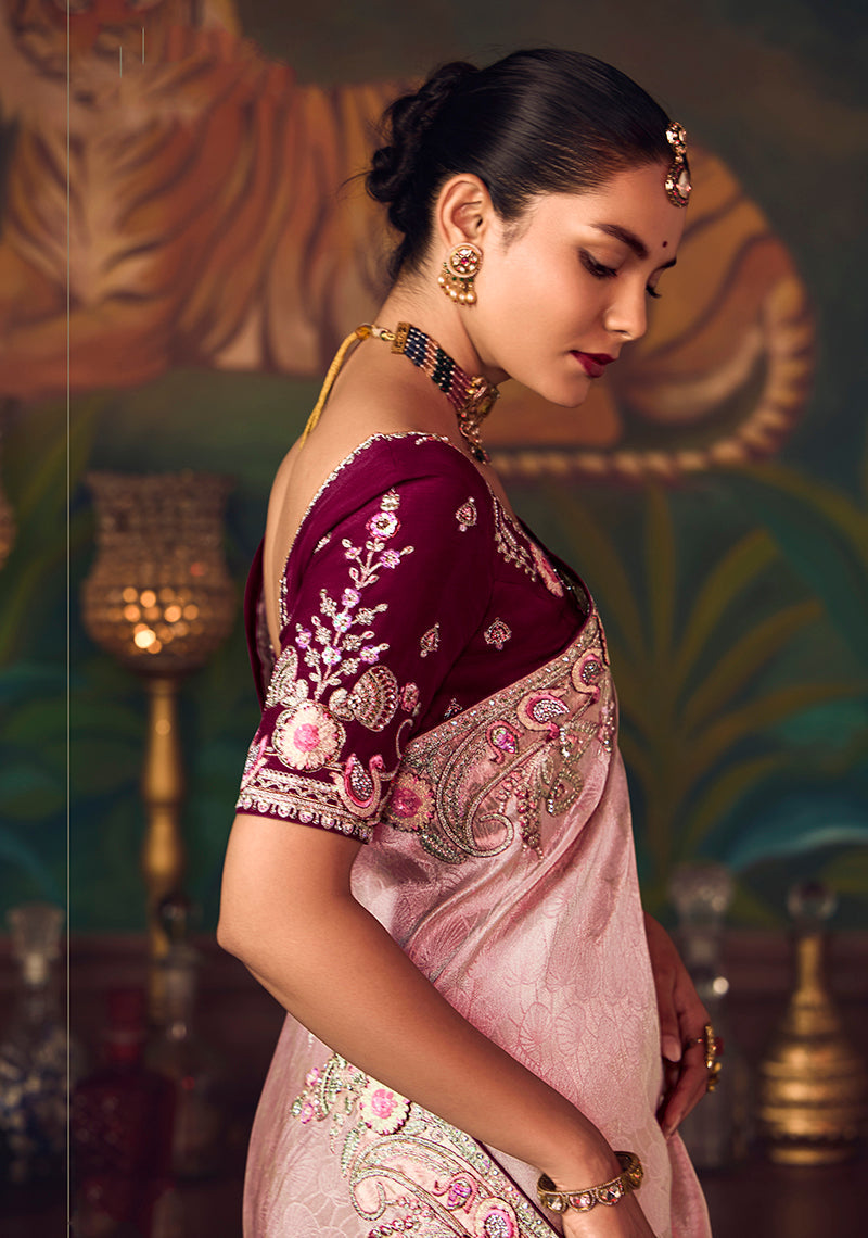 Monjolika Fashion Light Pink Zari Woven Silk Blend Embroidered Saree For Wedding Wear - Distacart