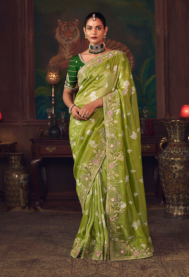 Monjolika Fashion Parrot Green Zari Woven Silk Blend Embroidered Saree For Wedding Wear - Distacart