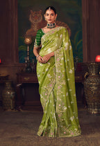 Monjolika Fashion Parrot Green Zari Woven Silk Blend Embroidered Saree For Wedding Wear - Distacart