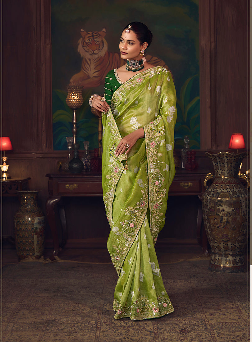 Monjolika Fashion Parrot Green Zari Woven Silk Blend Embroidered Saree For Wedding Wear - Distacart