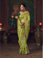 Monjolika Fashion Parrot Green Zari Woven Silk Blend Embroidered Saree For Wedding Wear - Distacart