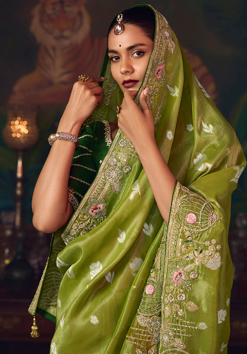 Monjolika Fashion Parrot Green Zari Woven Silk Blend Embroidered Saree For Wedding Wear - Distacart