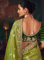 Monjolika Fashion Parrot Green Zari Woven Silk Blend Embroidered Saree For Wedding Wear - Distacart