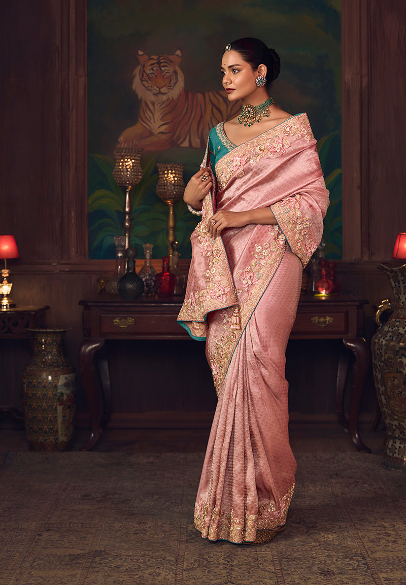Monjolika Fashion Pink Zari Woven Silk Blend Embroidered Saree For Wedding Wear - Distacart
