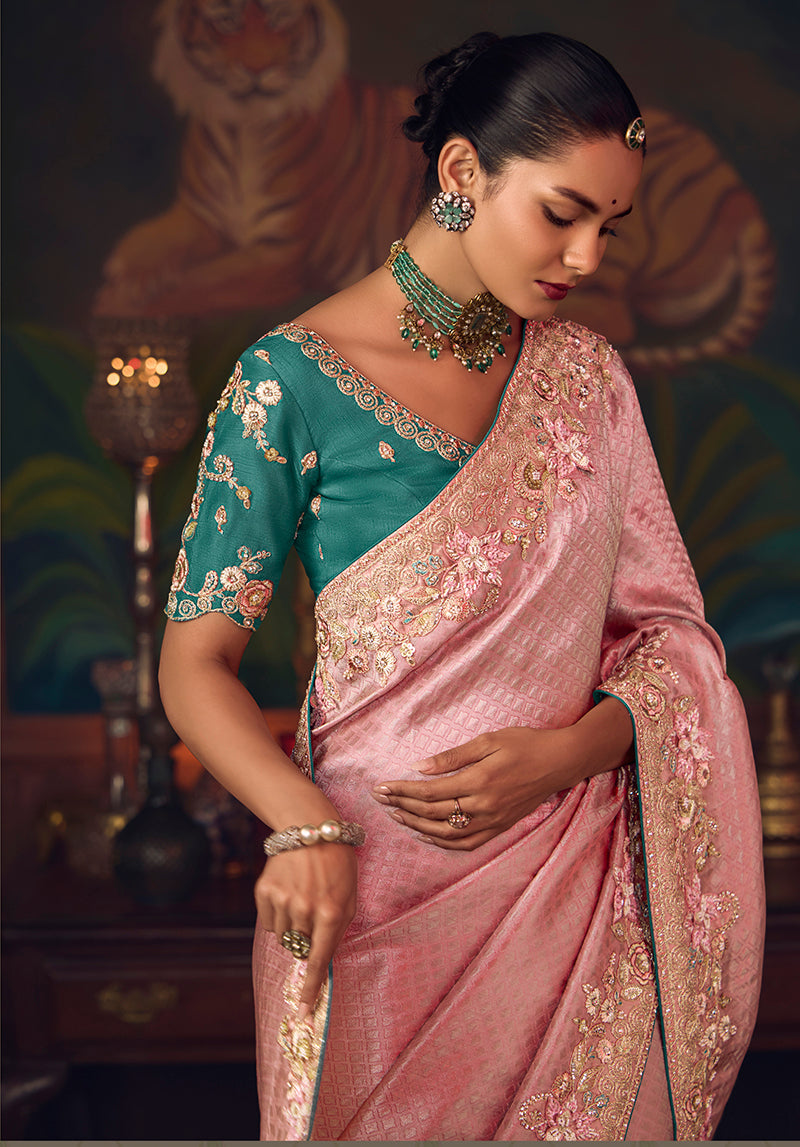 Monjolika Fashion Pink Zari Woven Silk Blend Embroidered Saree For Wedding Wear - Distacart