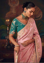 Monjolika Fashion Pink Zari Woven Silk Blend Embroidered Saree For Wedding Wear - Distacart