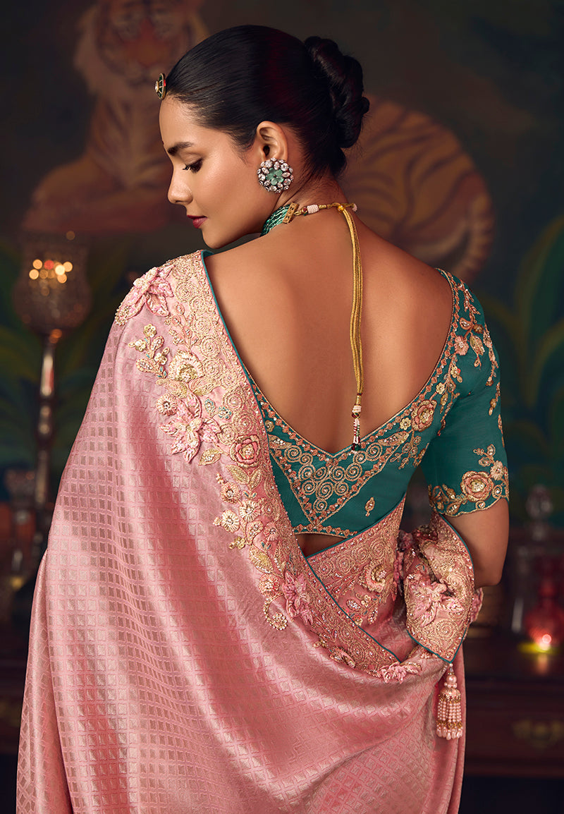 Monjolika Fashion Pink Zari Woven Silk Blend Embroidered Saree For Wedding Wear - Distacart