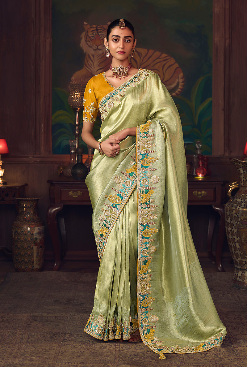Monjolika Fashion Light Green Zari Woven Silk Blend Embroidered Saree For Wedding Wear - Distacart