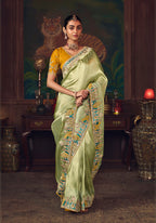 Monjolika Fashion Light Green Zari Woven Silk Blend Embroidered Saree For Wedding Wear - Distacart