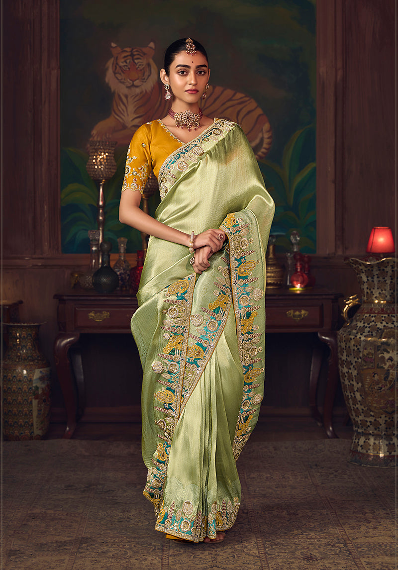 Monjolika Fashion Light Green Zari Woven Silk Blend Embroidered Saree For Wedding Wear - Distacart