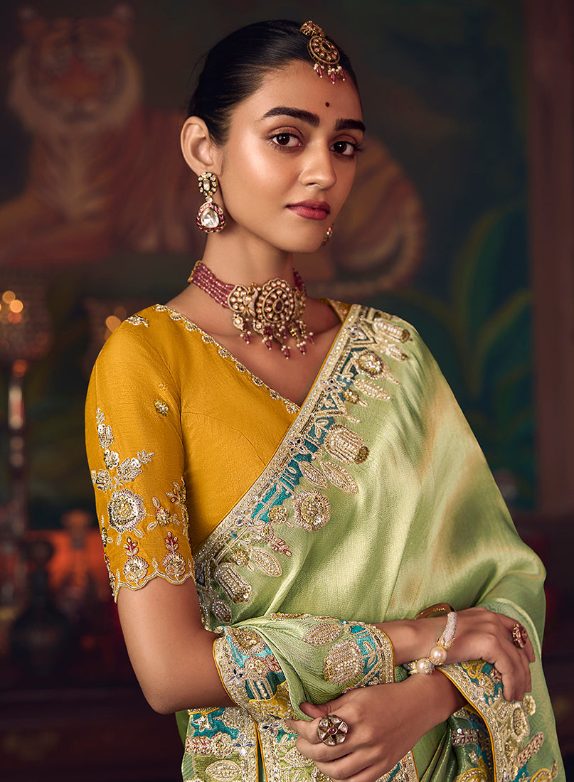 Monjolika Fashion Light Green Zari Woven Silk Blend Embroidered Saree For Wedding Wear - Distacart