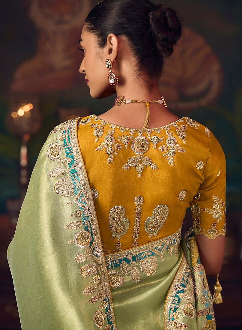 Monjolika Fashion Light Green Zari Woven Silk Blend Embroidered Saree For Wedding Wear - Distacart
