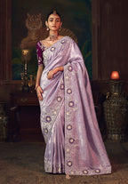 Monjolika Fashion Lavender Zari Woven Silk Blend Embroidered Saree For Wedding Wear - Distacart