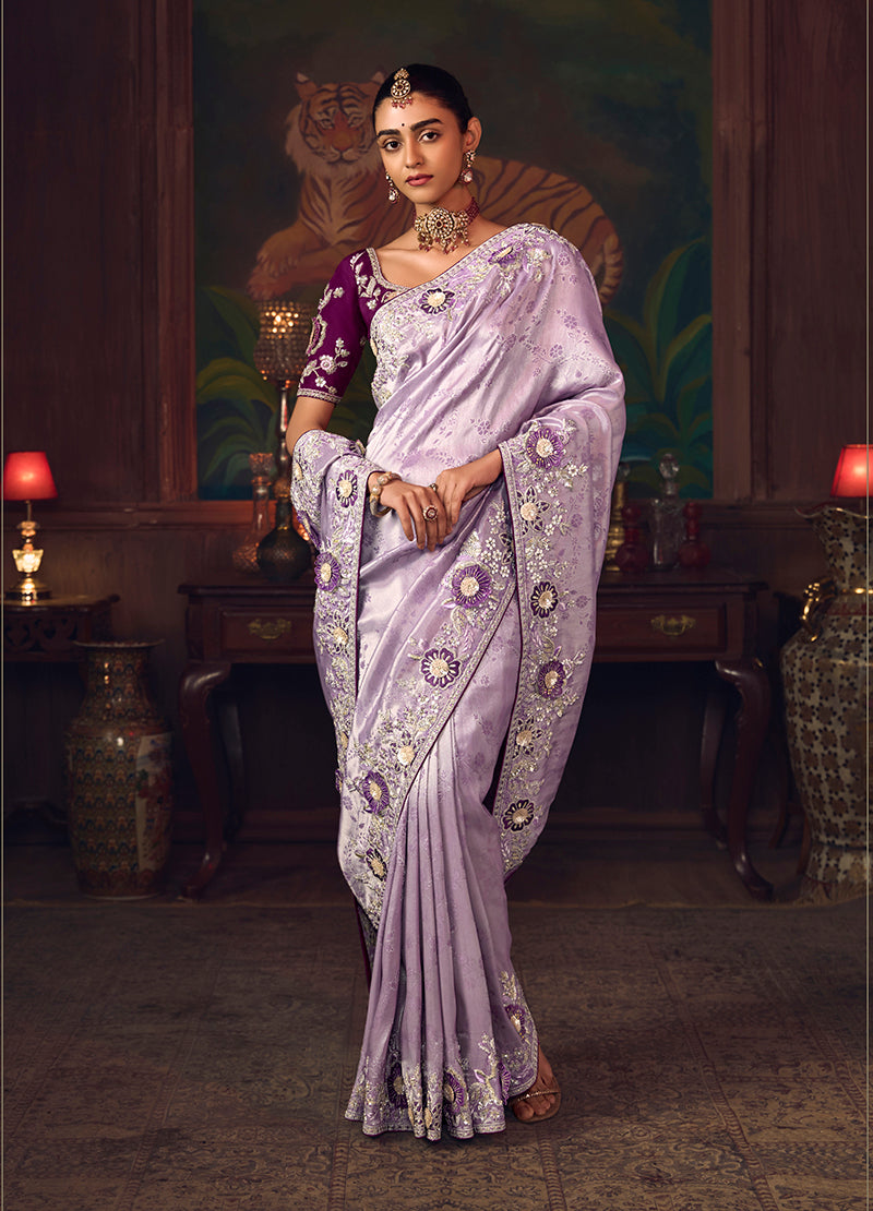 Monjolika Fashion Lavender Zari Woven Silk Blend Embroidered Saree For Wedding Wear - Distacart