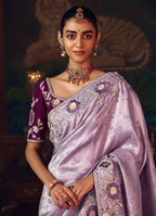 Monjolika Fashion Lavender Zari Woven Silk Blend Embroidered Saree For Wedding Wear - Distacart