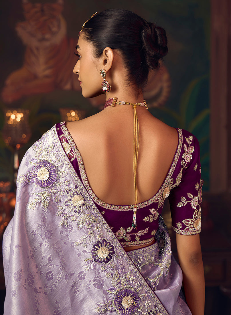 Monjolika Fashion Lavender Zari Woven Silk Blend Embroidered Saree For Wedding Wear - Distacart