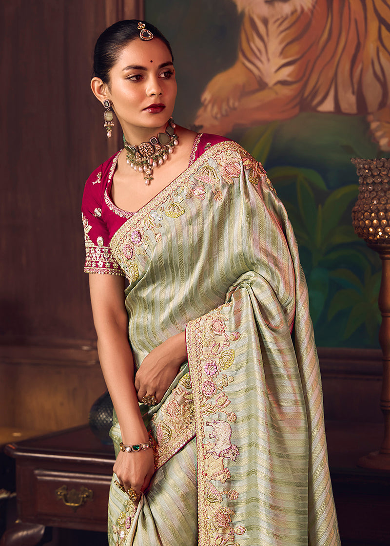 Monjolika Fashion Sea Green Zari Woven Silk Blend Embroidered Saree For Wedding Wear - Distacart