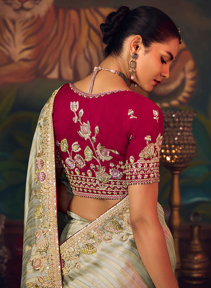 Monjolika Fashion Sea Green Zari Woven Silk Blend Embroidered Saree For Wedding Wear - Distacart