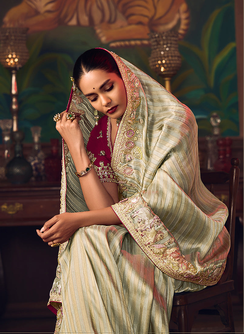 Monjolika Fashion Sea Green Zari Woven Silk Blend Embroidered Saree For Wedding Wear - Distacart