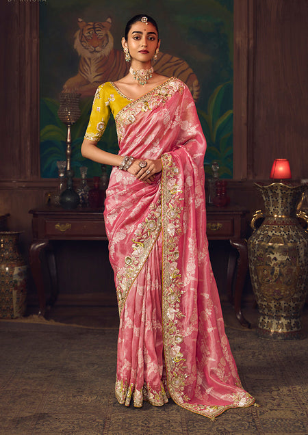 Monjolika Fashion Coral Pink Zari Woven Silk Blend Embroidered Saree For Wedding Wear