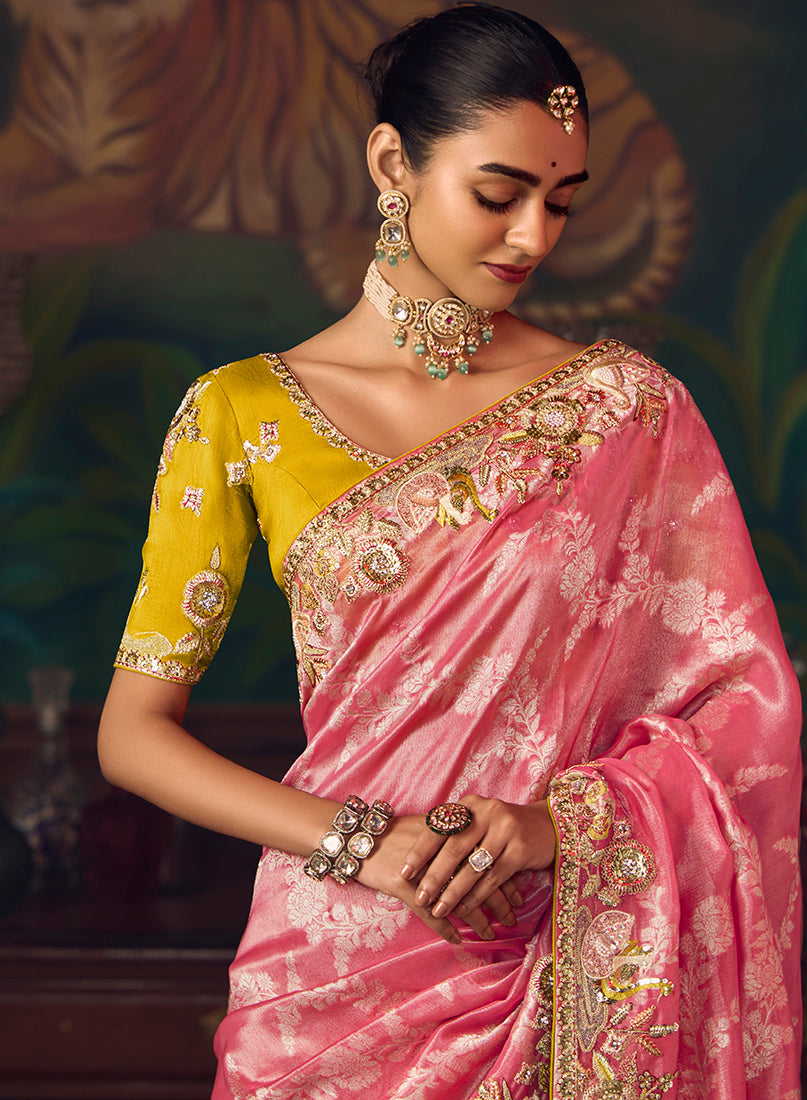 Monjolika Fashion Coral Pink Zari Woven Silk Blend Embroidered Saree For Wedding Wear - Distacart