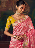Monjolika Fashion Coral Pink Zari Woven Silk Blend Embroidered Saree For Wedding Wear - Distacart