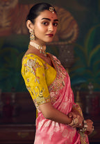 Monjolika Fashion Coral Pink Zari Woven Silk Blend Embroidered Saree For Wedding Wear - Distacart
