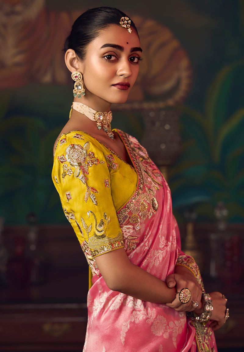Monjolika Fashion Coral Pink Zari Woven Silk Blend Embroidered Saree For Wedding Wear - Distacart