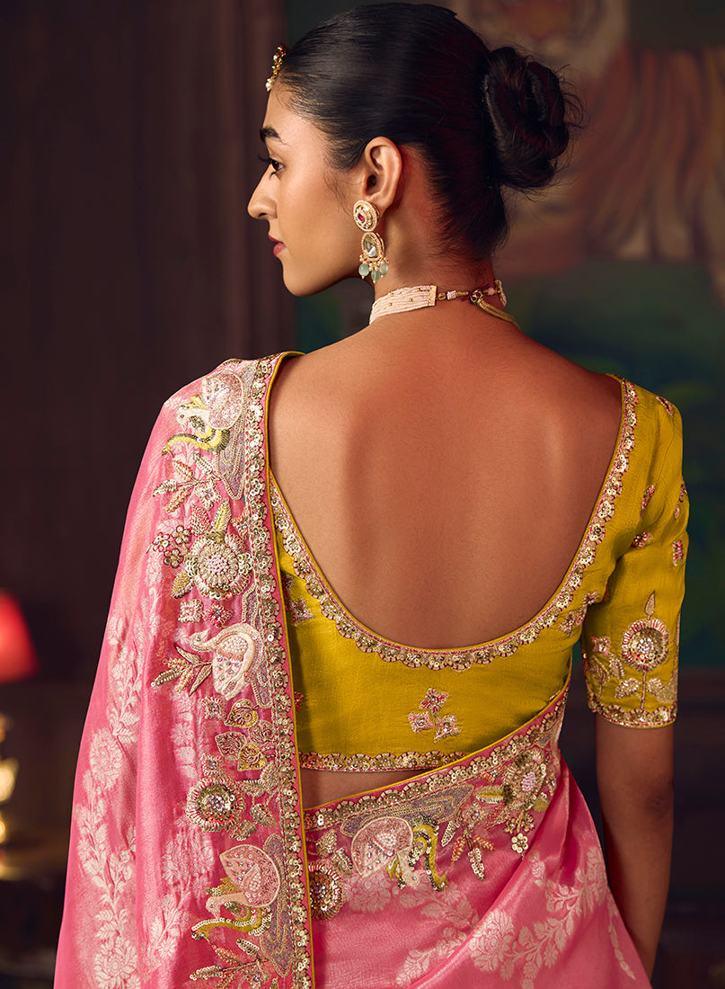 Monjolika Fashion Coral Pink Zari Woven Silk Blend Embroidered Saree For Wedding Wear - Distacart