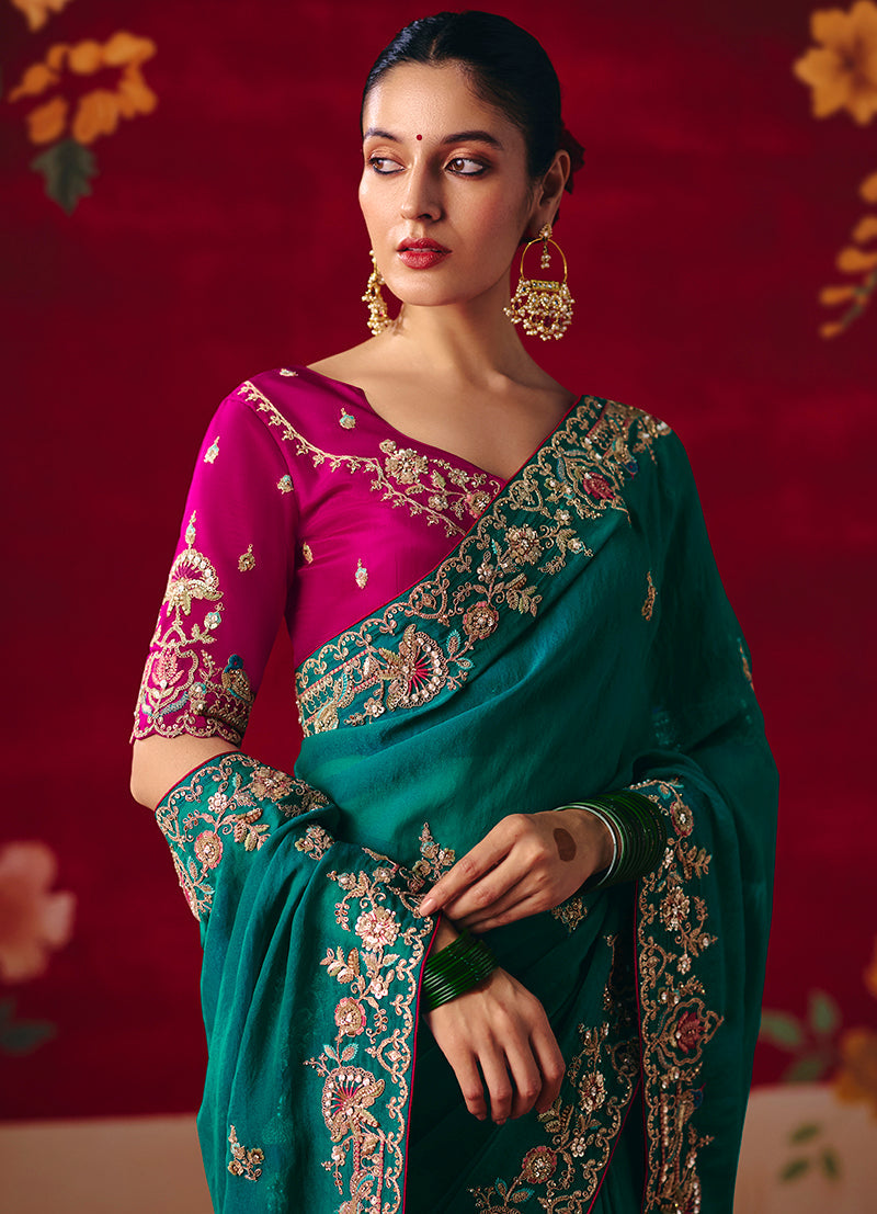 Monjolika Fashion Teal Fancy Fabric Embroidered Thread Work Classic Saree - Distacart