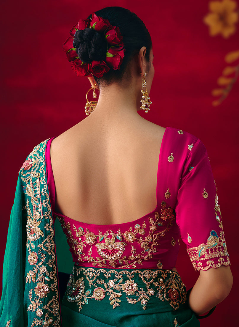 Monjolika Fashion Teal Fancy Fabric Embroidered Thread Work Classic Saree - Distacart