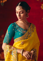 Monjolika Fashion Yellow Fancy Fabric Embroidered Thread Work Classic Saree - Distacart