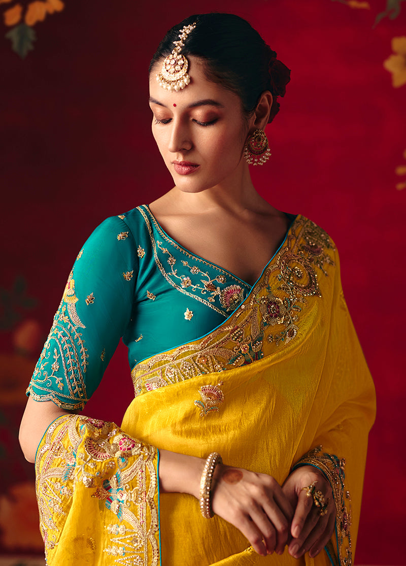 Monjolika Fashion Yellow Fancy Fabric Embroidered Thread Work Classic Saree - Distacart