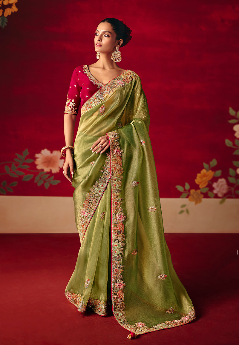 Monjolika Fashion Green Fancy Fabric Embroidered Thread Work Classic Saree - Distacart