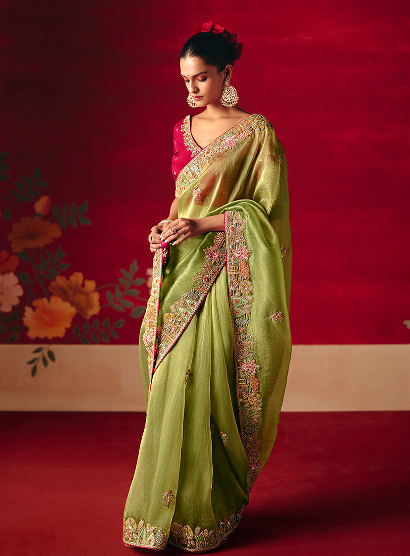 Monjolika Fashion Green Fancy Fabric Embroidered Thread Work Classic Saree - Distacart