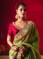 Monjolika Fashion Green Fancy Fabric Embroidered Thread Work Classic Saree - Distacart
